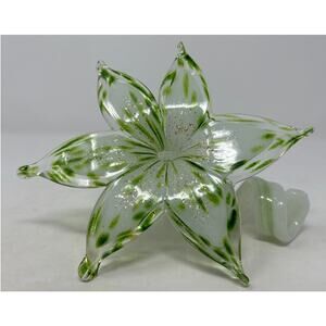 Green Clear Glittered Art Glass Flower with Curled Stem‎ Sculpture Hand Blown